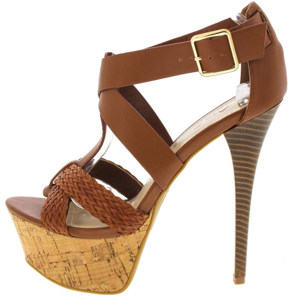 Anne Michelle Shoes - Koko Cognac Open Toe Cork Platform Heels Anne Michelle Shoes - Koko Cognac Open Toe Cork Platform Heels